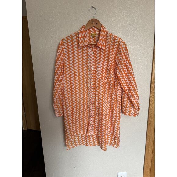 Roberta Roller Rabbit Button Front Tunic Top Medium Orange White Cotton Zigzag - Picture 1 of 5